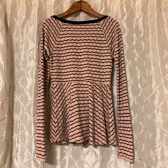 Free People Pink Black Wavy Stripe Pointelle Peplum Top - Picture 4 of 10